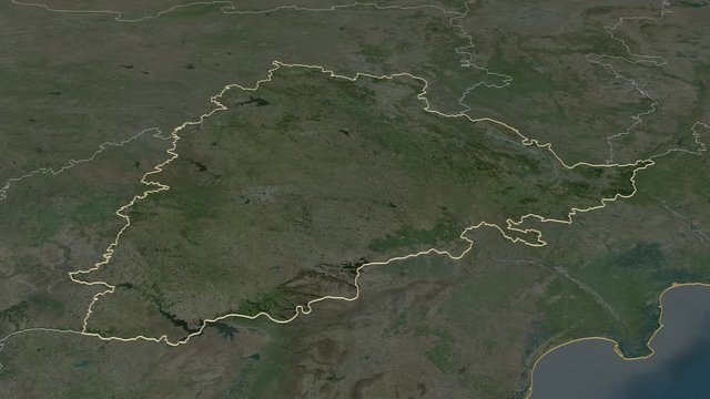 Telangana, state with its capital, zoomed and extruded on the satellite map of India in the conformal Stereographic projection. Animation 3D