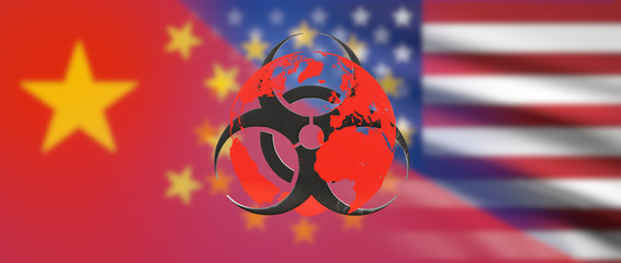 flags of China USA Europe creative warning biohazard symbol covid-19 3d-illustration. elements of this image furnished by NASA