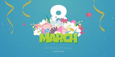 International Women's Day. Vector illustration with beautiful flowers on a blue background for a banner, brochure, invitation, flyer, postcard, website. Design template