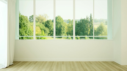 Obraz na płótnie Canvas Empty room and forest view for residential business. Relax area in empty room and meadow view .Interior simple design. 3D Rendering.
