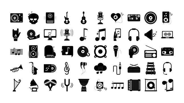 music melody sound audio icons set silhouette style icon