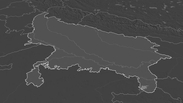 Uttar Pradesh, state with its capital, zoomed and extruded on the bilevel map of India in the conformal Stereographic projection. Animation 3D