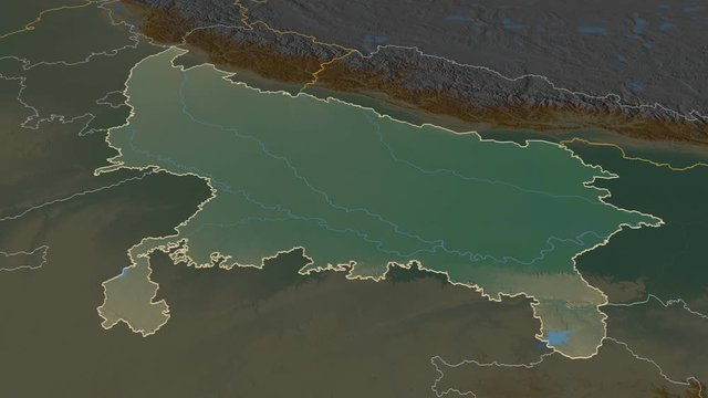 Uttar Pradesh, state with its capital, zoomed and extruded on the relief map of India in the conformal Stereographic projection. Animation 3D