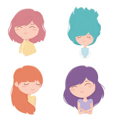 young women different hair color characters portraits cartoon