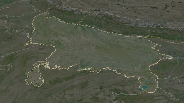 Uttar Pradesh, state with its capital, zoomed and extruded on the satellite map of India in the conformal Stereographic projection. Animation 3D