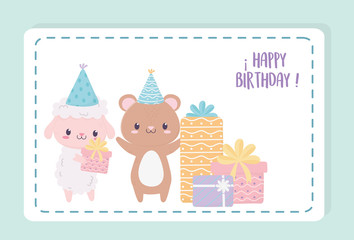 happy birthday sheep bear with gifts and party hats celebration decoration card