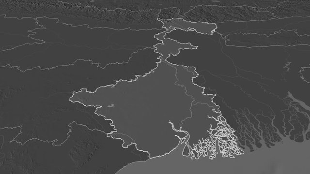 West Bengal, state with its capital, zoomed and extruded on the bilevel map of India in the conformal Stereographic projection. Animation 3D