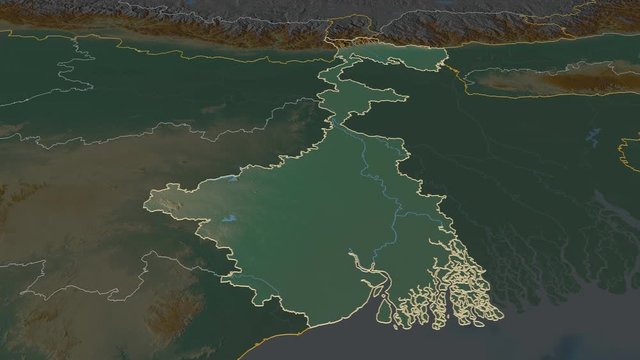 West Bengal, state with its capital, zoomed and extruded on the relief map of India in the conformal Stereographic projection. Animation 3D