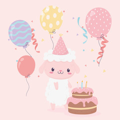 happy birthday cute sheep cake and balloons celebration decoration card