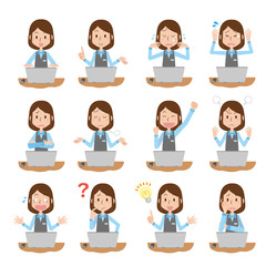 女性　事務　オフィスワーク　デスクワーク　表情　ポーズ　セット