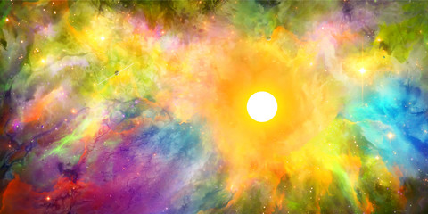 Artistic 3d rendering illustration of bright stars in a colorful nebula space