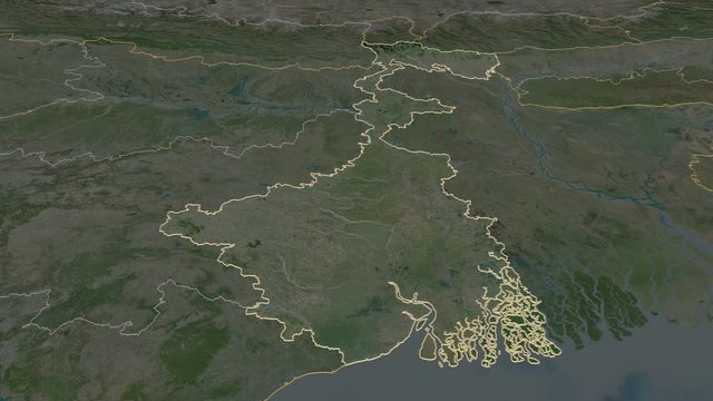 West Bengal, state with its capital, zoomed and extruded on the satellite map of India in the conformal Stereographic projection. Animation 3D