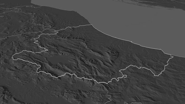 Abruzzo, region with its capital, zoomed and extruded on the bilevel map of Italy in the conformal Stereographic projection. Animation 3D