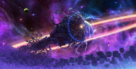 Artistic abstract 3d illustration of an alien spaceship surrounded by asteroids
