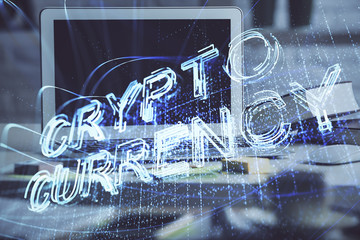 Multi exposure of blockchain and crypto economy theme hologram and table with computer background. Concept of bitcoin cryptocurrency.