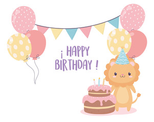 happy birthday lion cake balloons flags celebration decoration card