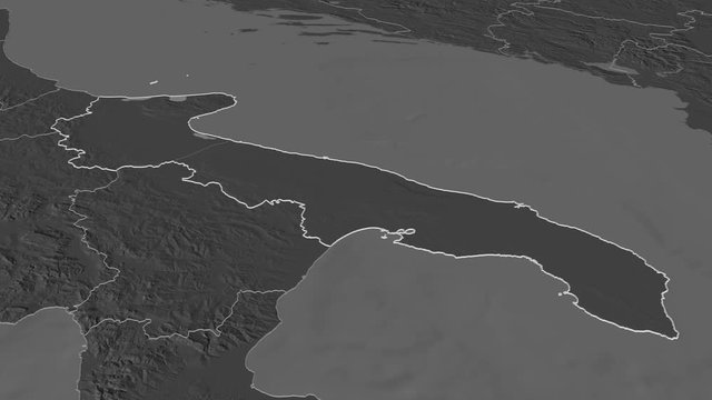 Apulia, region with its capital, zoomed and extruded on the bilevel map of Italy in the conformal Stereographic projection. Animation 3D