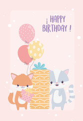 happy birthday fox and raccoon gift and celebration decoration card