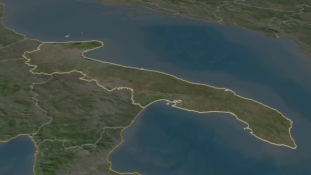 Apulia, region with its capital, zoomed and extruded on the satellite map of Italy in the conformal Stereographic projection. Animation 3D