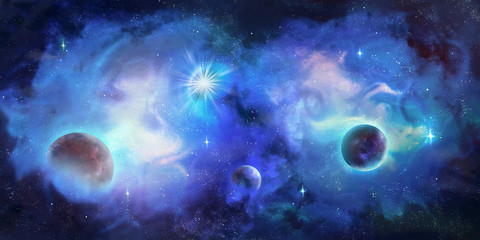 Artistic 3d illustration of a colorful galaxy with multiple planets