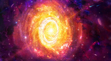 Artistic 3d illustration of a colorful galaxy with stars and planet