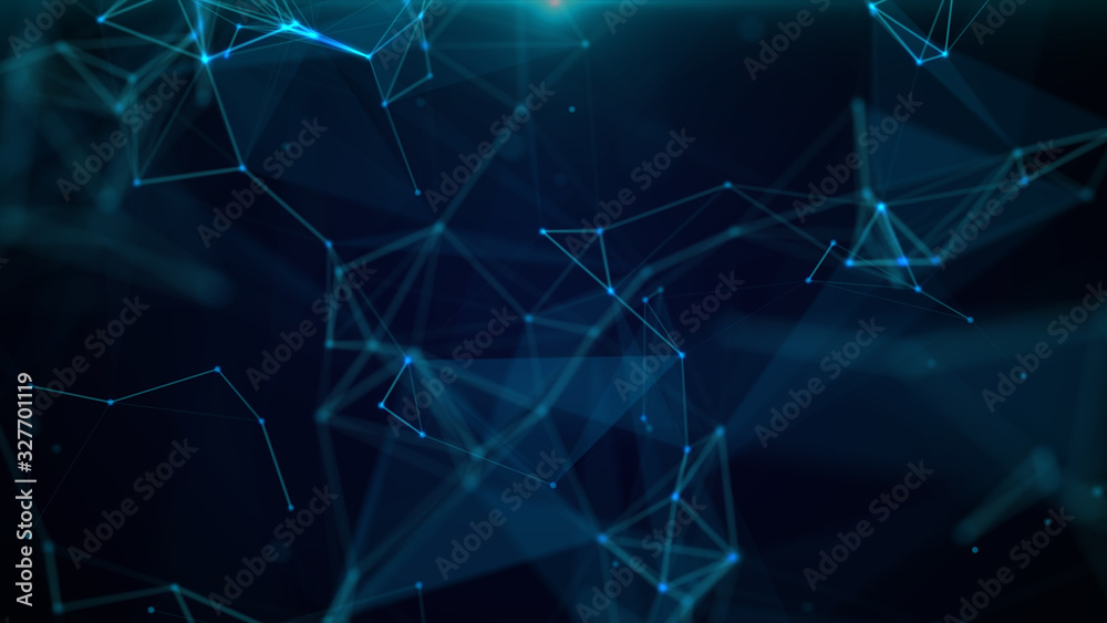 Wall mural 3d abstract geometric background. triangles, dots and lines are connecting with shine.