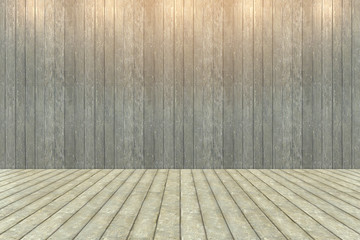 3d rendering illustration .Empty old wooden backdrop  interior wall background room for product display with lighting . Vintage banner  for advertise product on website display.