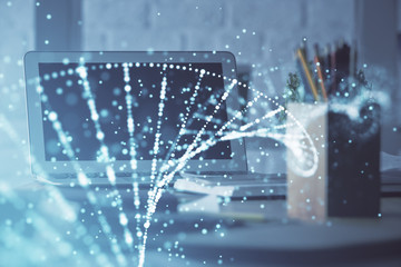 Desktop computer background and DNA drawing. Double exposure. Science concept.
