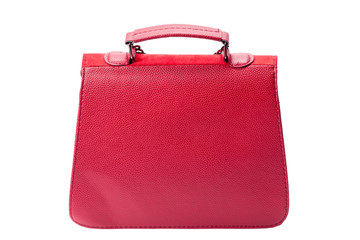 femle handbag in red leather and suede, isolated object back view on a white background.