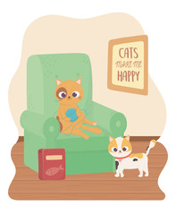 cats make me happy, cute cat playing ball of wool in sofa