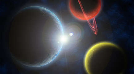 Artistic abstract 3d illustration of a colorful galaxy with multiple planets