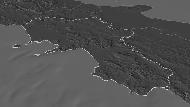 Campania, region with its capital, zoomed and extruded on the bilevel map of Italy in the conformal Stereographic projection. Animation 3D