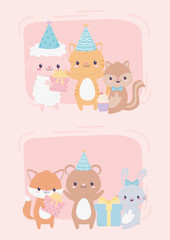 happy birthday cute animals gifts party hat cupcake celebration decoration card