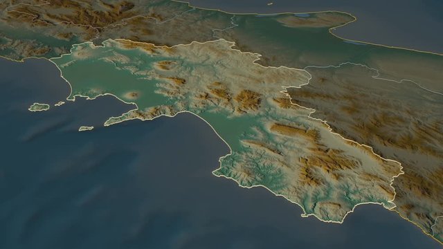Campania, region with its capital, zoomed and extruded on the relief map of Italy in the conformal Stereographic projection. Animation 3D