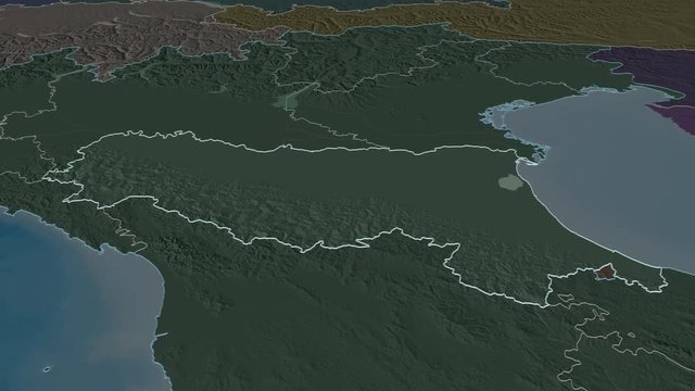 Emilia-Romagna, region with its capital, zoomed and extruded on the administrative map of Italy in the conformal Stereographic projection. Animation 3D