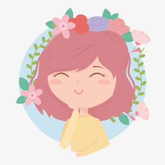 young woman wreath flowers foliage decoration cartoon
