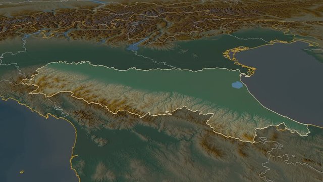 Emilia-Romagna, region with its capital, zoomed and extruded on the relief map of Italy in the conformal Stereographic projection. Animation 3D