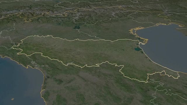 Emilia-Romagna, region with its capital, zoomed and extruded on the satellite map of Italy in the conformal Stereographic projection. Animation 3D