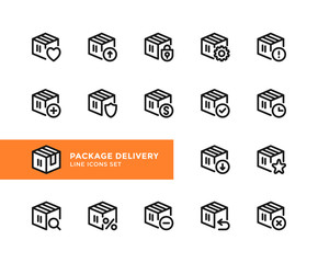 Package delivery vector line icons. Simple set of outline symbols, graphic design elements. Pixel Perfect