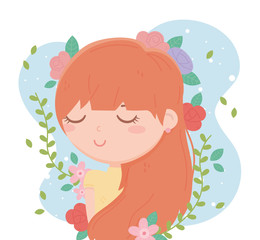 young woman flowers decoration blue background cartoon