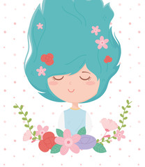 young woman flowers in hair frame decoration cartoon