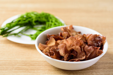 Brown jelly mushroom and Senegalia pennata (edible vegetables), food ingredient in Local Thai cuisine