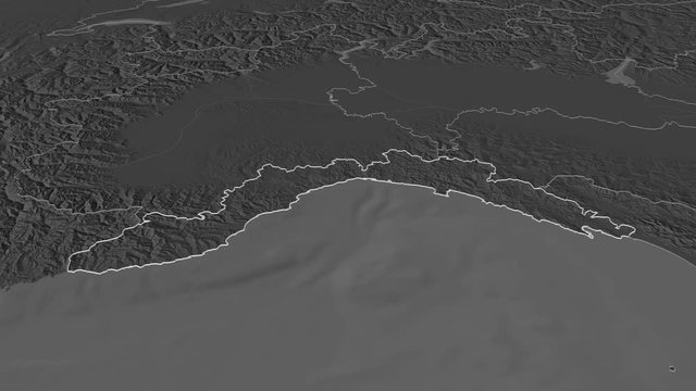 Liguria, region with its capital, zoomed and extruded on the bilevel map of Italy in the conformal Stereographic projection. Animation 3D
