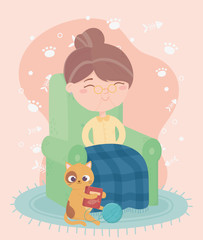 cats make me happy, old woman and cat with food ball