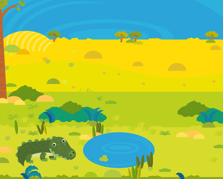 cartoon africa safari scene with cute wild animal by the pond illustration