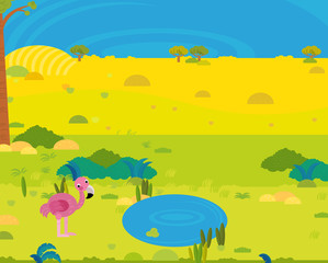 Obraz premium cartoon africa safari scene with cute wild animal by the pond illustration