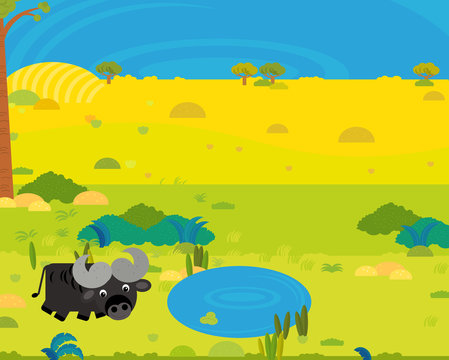 cartoon africa safari scene with cute wild animal by the pond illustration