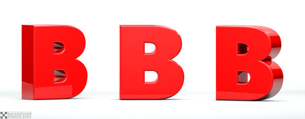 Fototapeta na wymiar Letter B of red color in 3 positions. 3d Render illustration at different angles: Front, right side, left side. White background, isolated.