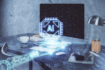 Technology theme drawing and table with computer. Double exposure. Concept of information.