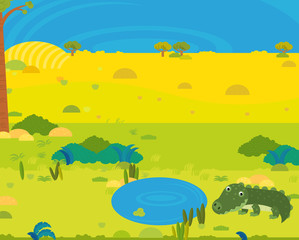 Obraz premium cartoon africa safari scene with cute wild animal by the pond illustration